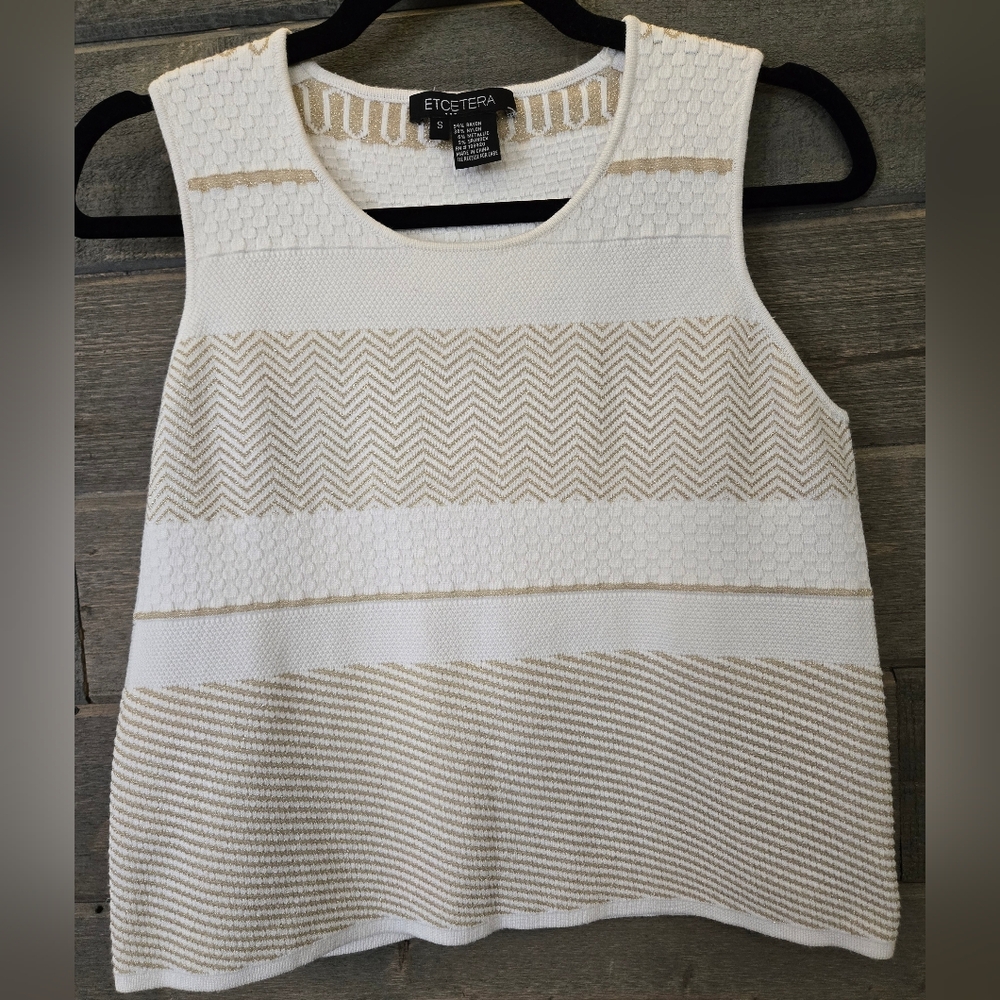 Etcetera Knit Sleeveless Sweater Top - White & Gold - Size Small